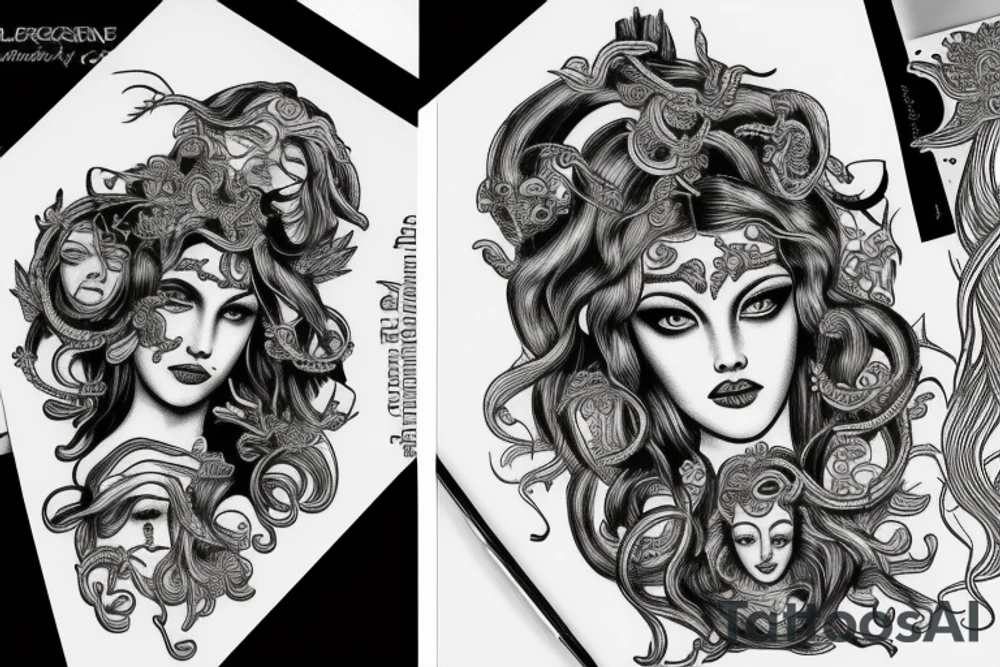 Portrait of Medusa and portrait of Hera grecque style tattoo idea