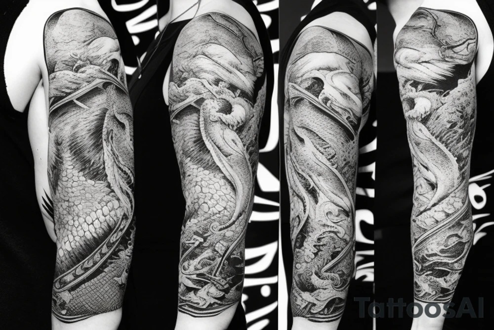 Arm half sleeve with rocks and dragon tattoo idea