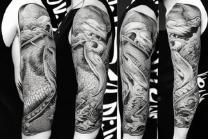 Arm half sleeve with rocks and dragon tattoo idea