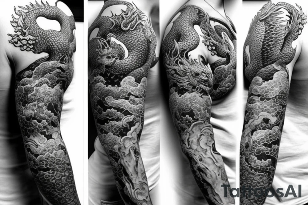 Arm half sleeve with rocks and dragon tattoo idea