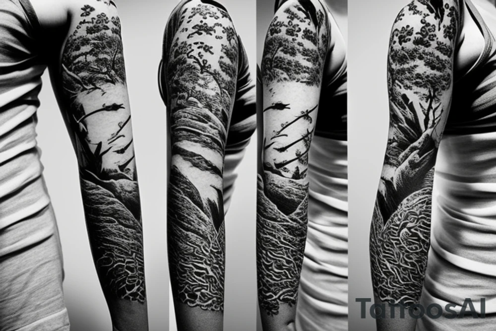 Arm half sleeve with rocks and dragon tattoo idea