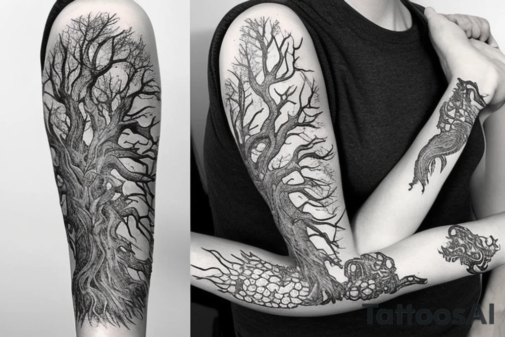 Arm half sleeve with rocks and dragon tattoo idea