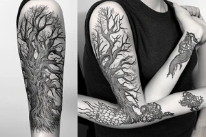 Arm half sleeve with rocks and dragon tattoo idea
