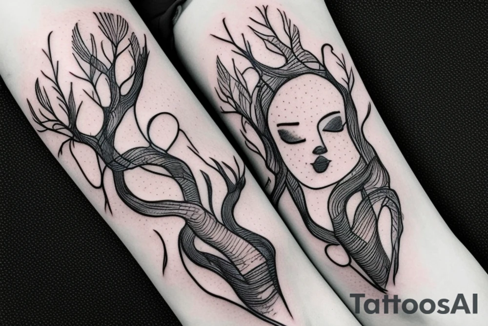 A tattoo of a woman with arms made of tree roots, hugging herself tattoo idea