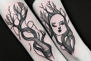 A tattoo of a woman with arms made of tree roots, hugging herself tattoo idea