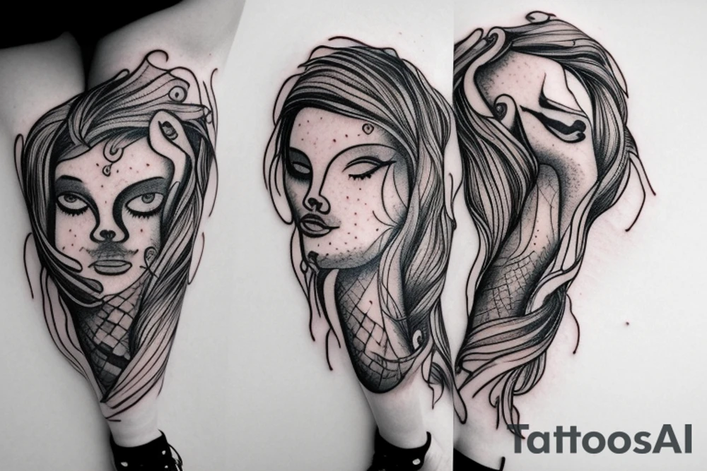 A tattoo of a woman with arms made of tree roots, hugging herself tattoo idea