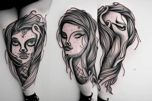 A tattoo of a woman with arms made of tree roots, hugging herself tattoo idea