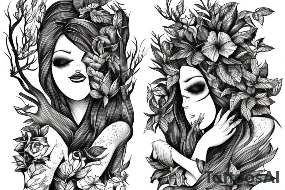 A tattoo of a woman with arms made of tree roots, hugging herself tattoo idea