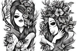 A tattoo of a woman with arms made of tree roots, hugging herself tattoo idea