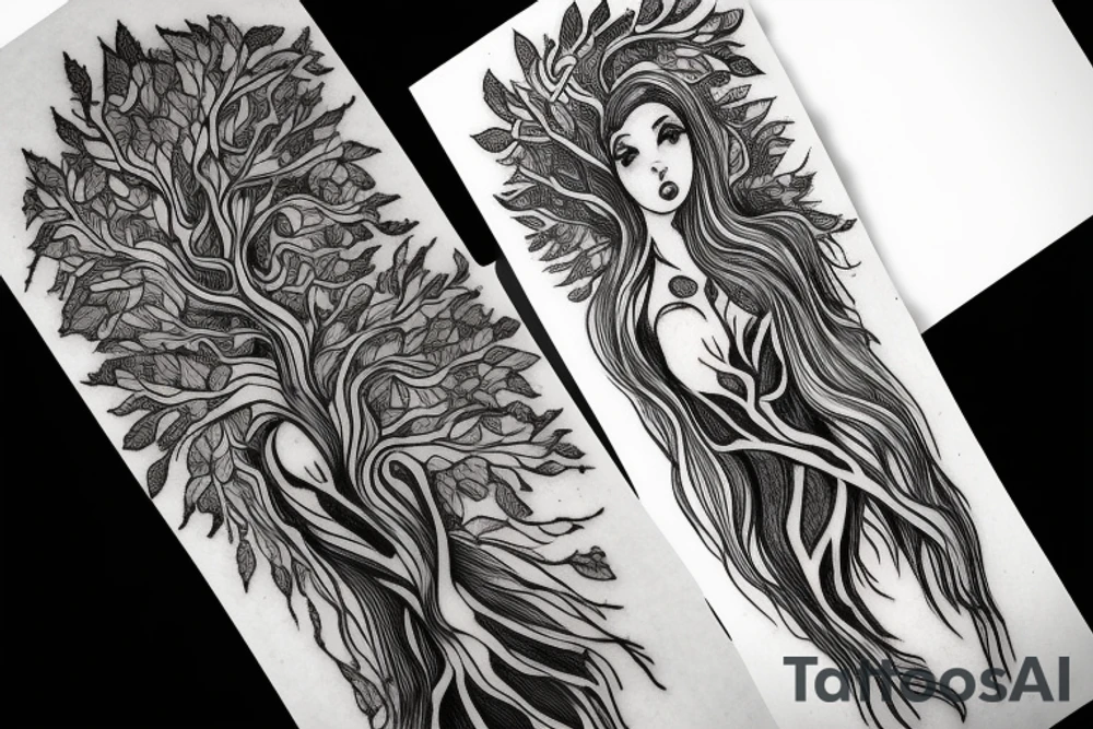 A tattoo of a woman with arms made of tree roots, hugging herself tattoo idea