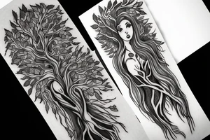 A tattoo of a woman with arms made of tree roots, hugging herself tattoo idea