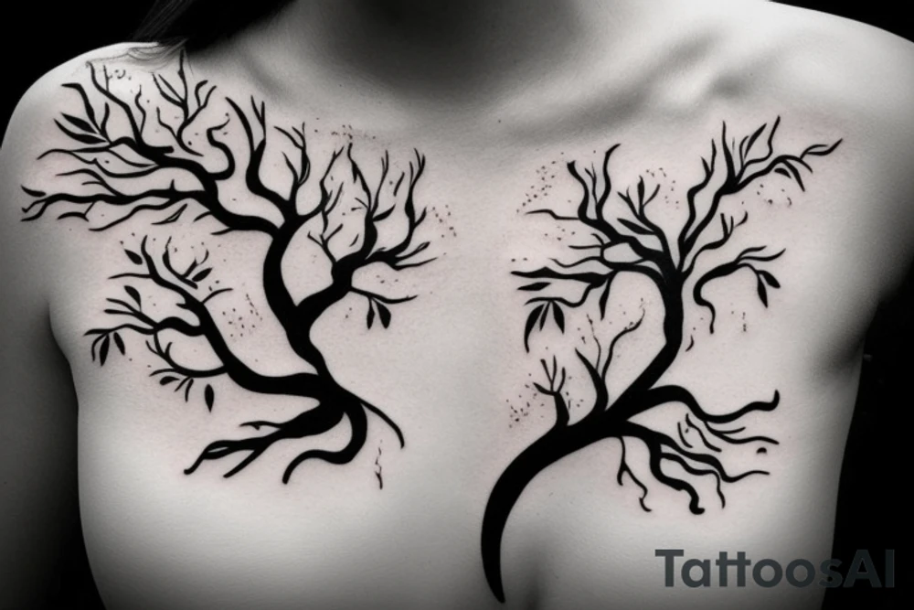 A tattoo of a woman with arms made of tree roots, hugging herself tattoo idea