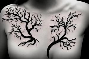 A tattoo of a woman with arms made of tree roots, hugging herself tattoo idea