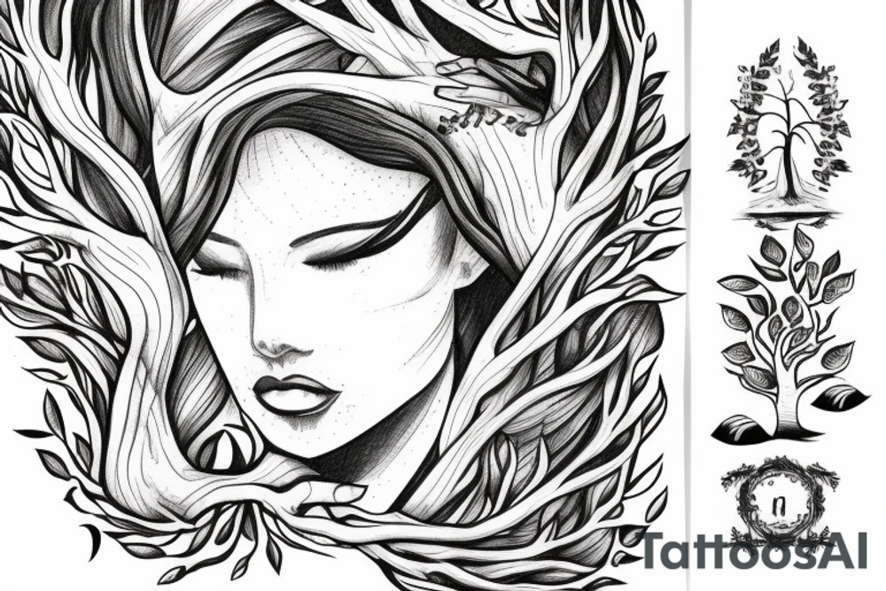 A tattoo of a woman with arms made of tree roots, hugging herself tattoo idea