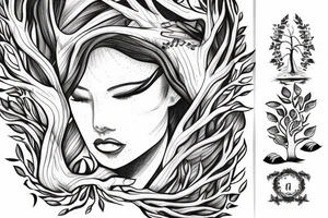 A tattoo of a woman with arms made of tree roots, hugging herself tattoo idea