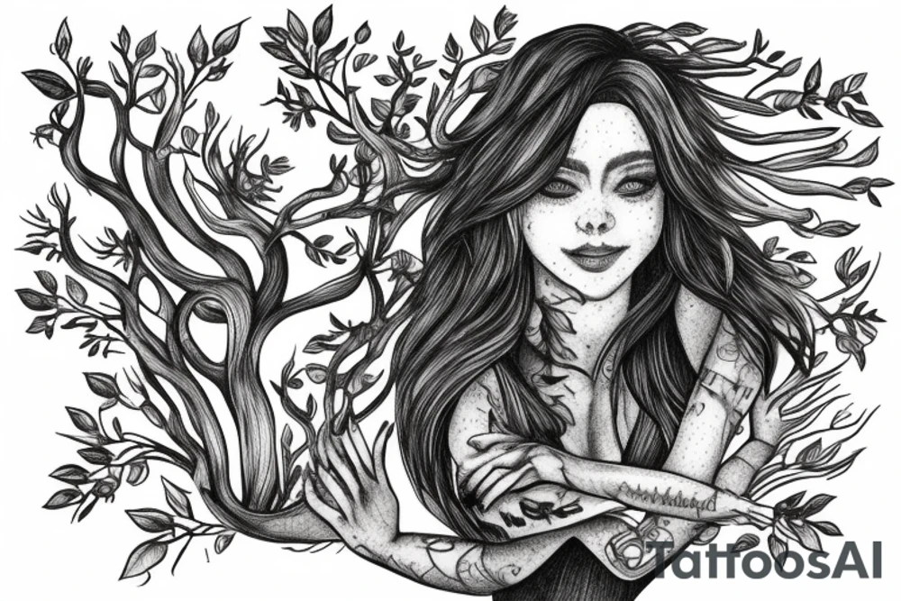 A tattoo of a woman with arms made of tree roots, hugging herself tattoo idea