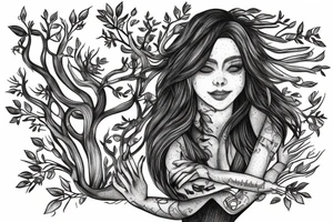 A tattoo of a woman with arms made of tree roots, hugging herself tattoo idea