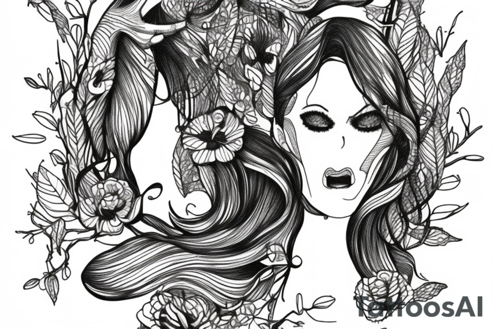 A tattoo of a woman who’s body is made of tree roots, hugging tattoo idea