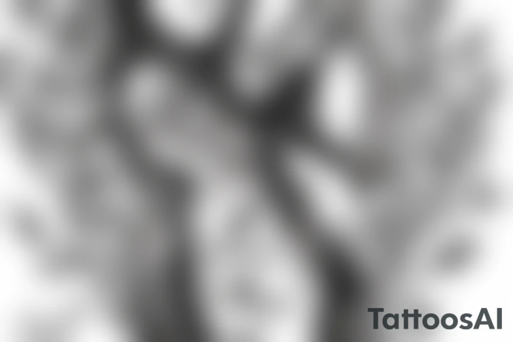 A tattoo of a woman who’s body is made of tree roots, hugging tattoo idea