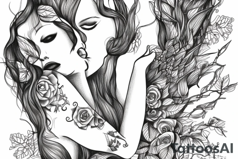 A tattoo of a woman who’s body is made of tree roots, hugging tattoo idea