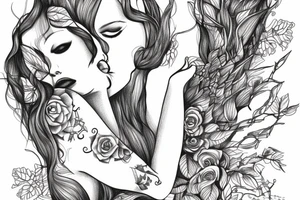 A tattoo of a woman who’s body is made of tree roots, hugging tattoo idea