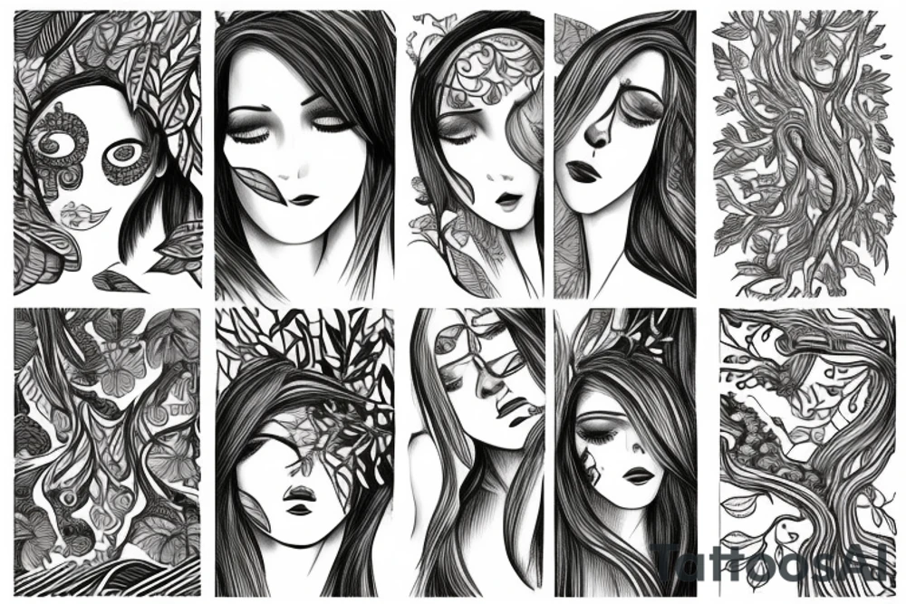 A tattoo of a woman who’s body is made of tree roots, hugging tattoo idea