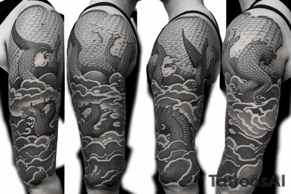 Half sleeve tattoo of a dragon with rocks and a Mai flower tattoo idea
