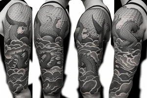 Half sleeve tattoo of a dragon with rocks and a Mai flower tattoo idea