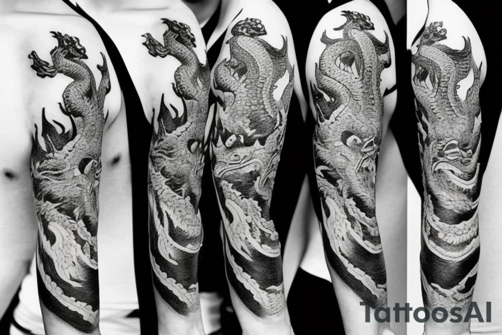 Half sleeve tattoo of a dragon with rocks and a Mai flower tattoo idea