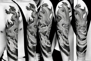 Half sleeve tattoo of a dragon with rocks and a Mai flower tattoo idea