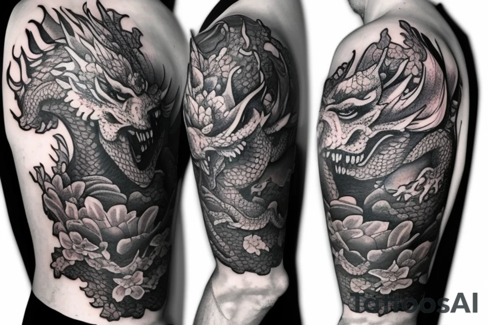 Half sleeve tattoo of a dragon with rocks and mai flowers tattoo idea