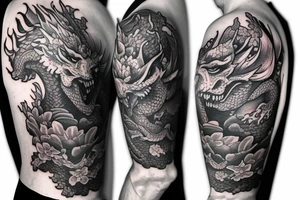 Half sleeve tattoo of a dragon with rocks and mai flowers tattoo idea