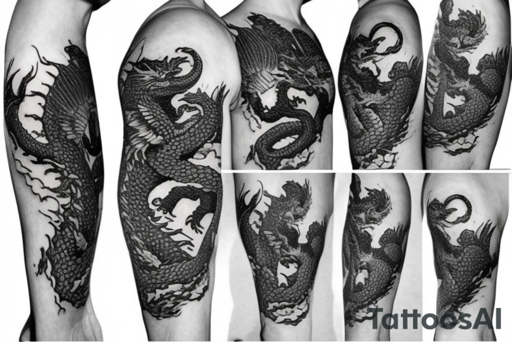 Half sleeve tattoo of a dragon with rocks and mai flowers tattoo idea
