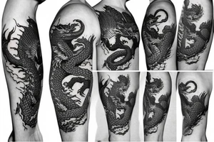 Half sleeve tattoo of a dragon with rocks and mai flowers tattoo idea