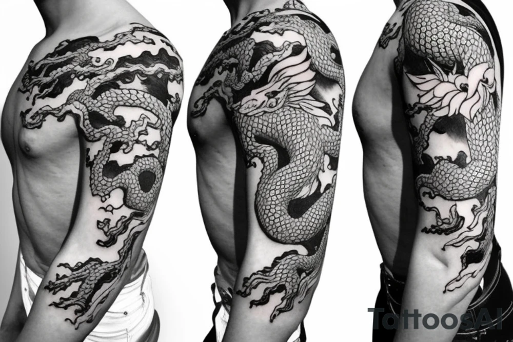 Half sleeve tattoo of a dragon with rocks and mai flowers tattoo idea