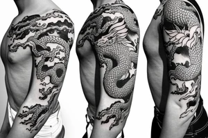 Half sleeve tattoo of a dragon with rocks and mai flowers tattoo idea