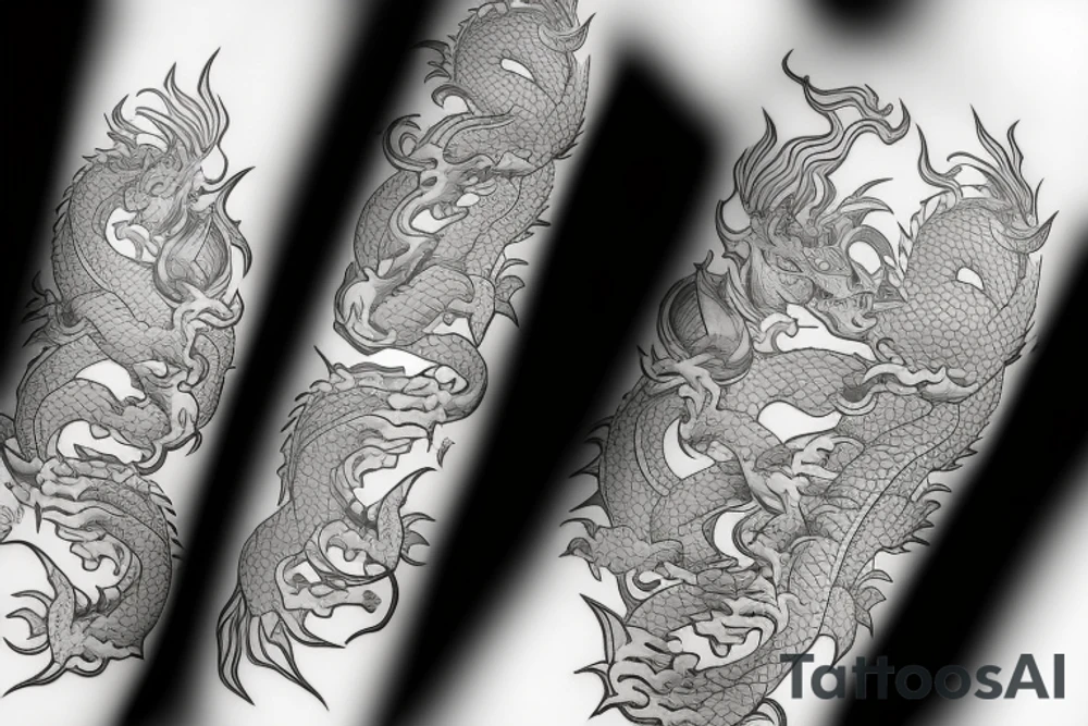 Half sleeve tattoo of a dragon with rocks and mai flowers tattoo idea