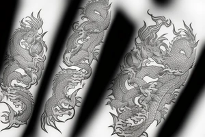 Half sleeve tattoo of a dragon with rocks and mai flowers tattoo idea