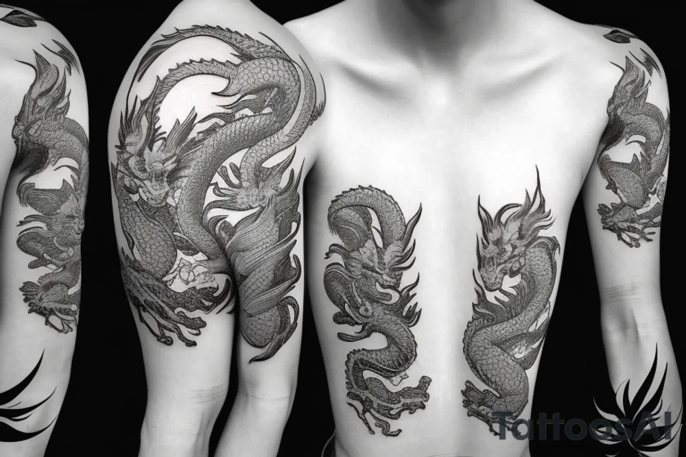 Half sleeve tattoo of a dragon with rocks and mai flowers tattoo idea