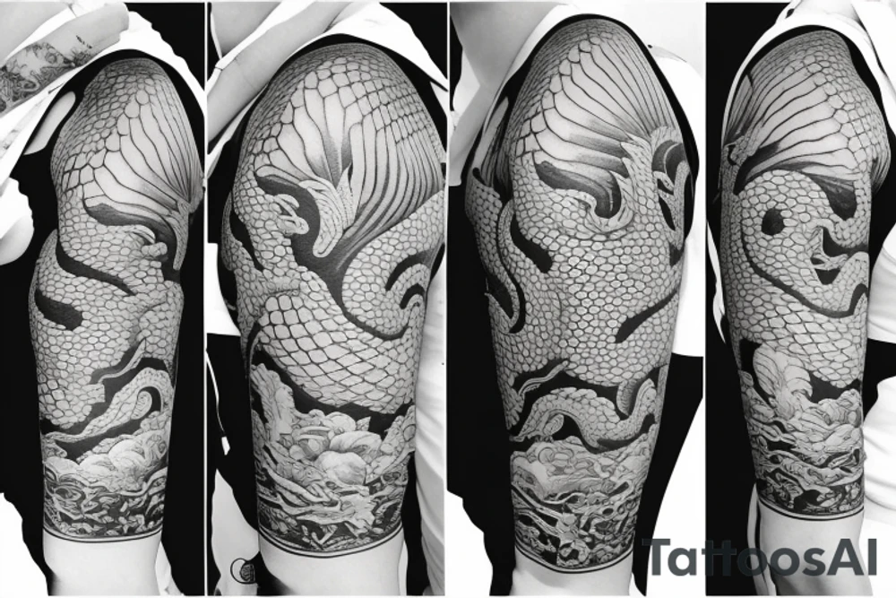 Half sleeve tattoo of a dragon with rocks and mai flowers tattoo idea