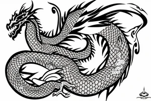 Half sleeve tattoo of a dragon with rocks and mai flowers tattoo idea