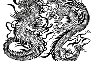 Half sleeve tattoo of a dragon with rocks and mai flowers tattoo idea