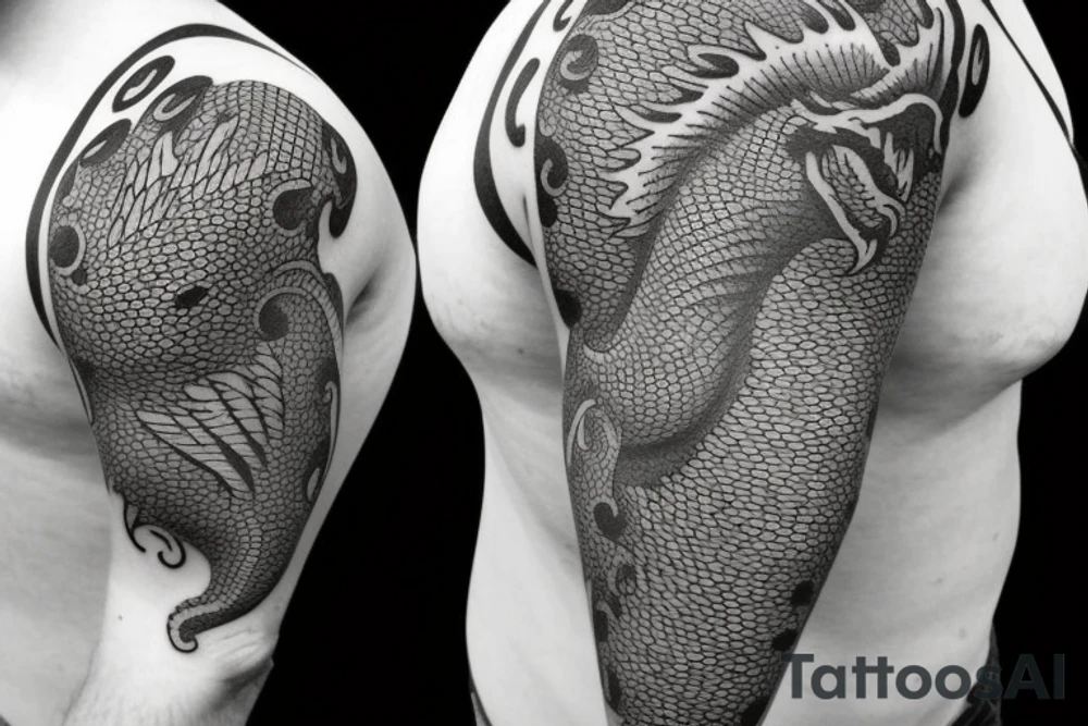 Half sleeve tattoo of a dragon with rocks and mai flowers tattoo idea Half sleeve tattoo of a dragon with rocks and mai flowers tattoo idea
