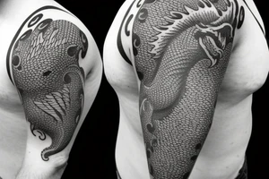 Half sleeve tattoo of a dragon with rocks and mai flowers tattoo idea