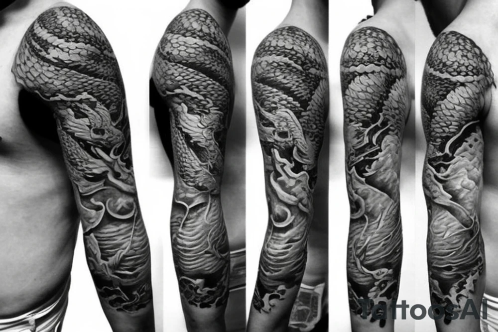 Half sleeve tattoo of a dragon with rocks and mai flowers tattoo idea Half sleeve tattoo of a dragon with rocks and mai flowers tattoo idea