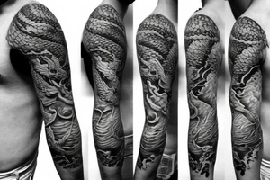 Half sleeve tattoo of a dragon with rocks and mai flowers tattoo idea