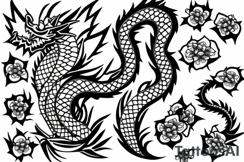 Half sleeve tattoo of a dragon with rocks and mai flowers tattoo idea