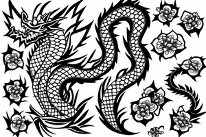 Half sleeve tattoo of a dragon with rocks and mai flowers tattoo idea