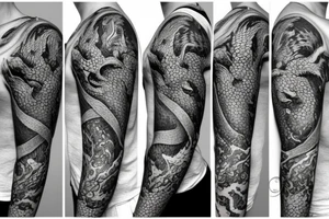 Half sleeve tattoo of a dragon with rocks and mai flowers tattoo idea