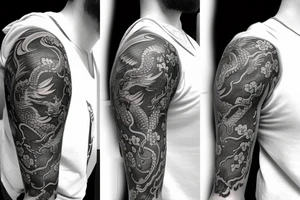 Half sleeve tattoo of a dragon with mai flowers tattoo idea
